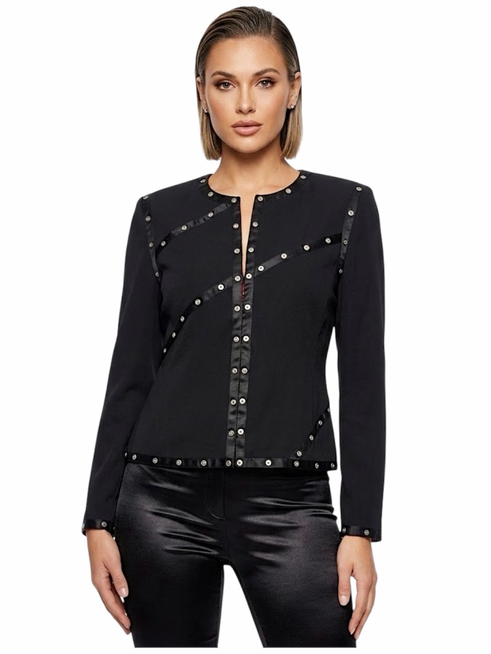 Vintage Victor Costa jacket black ribbon & silver stud detail small NWT